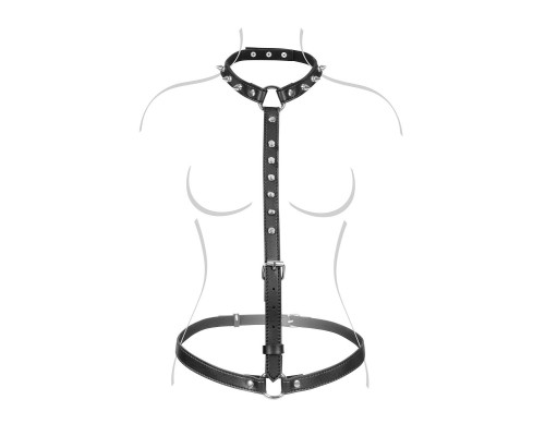 Черная упряжь на тело с шипами на ошейнике