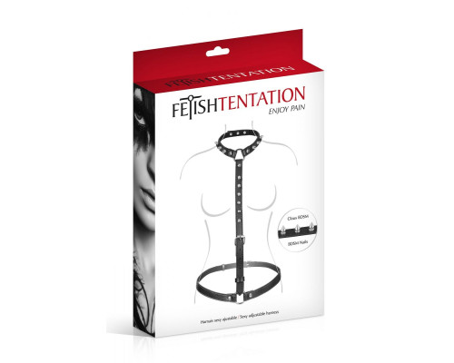 Черная упряжь на тело с шипами на ошейнике