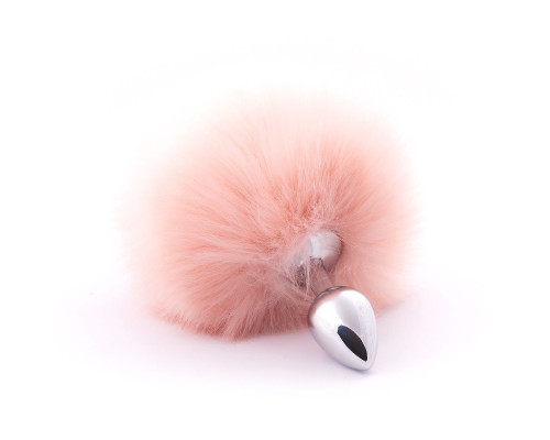 Серебристая анальная пробка с бежевым хвостиком