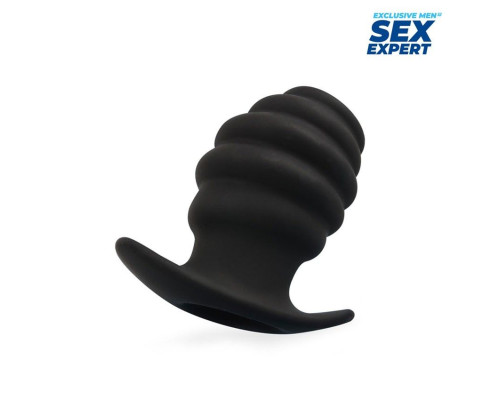 Черный рельефный анальный стимулятор-тоннель - 7 см.