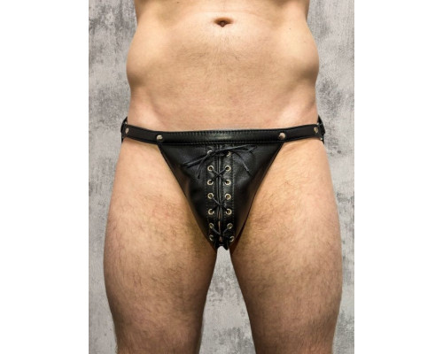 Кожаные мужские трусы-джоки со шнуровкой