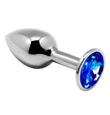 Серебристая анальная втулка с синим кристаллом Mini Metal Butt Plug Size M - 8 см.