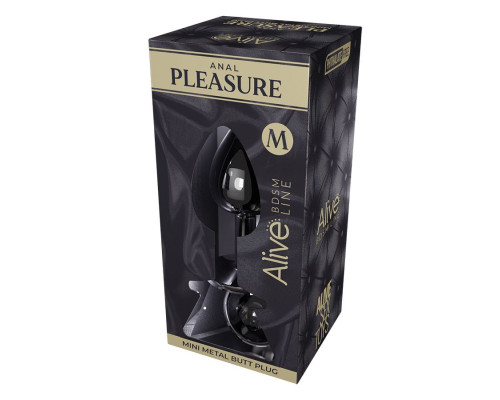 Серебристая анальная втулка с черным кристаллом Mini Metal Butt Plug Size M - 8 см.