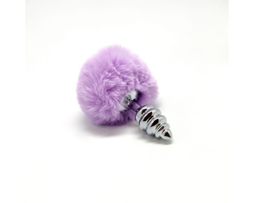 Серебристая анальная пробка с сиреневым помпоном Metal Anal Fluffly Twist Plug S