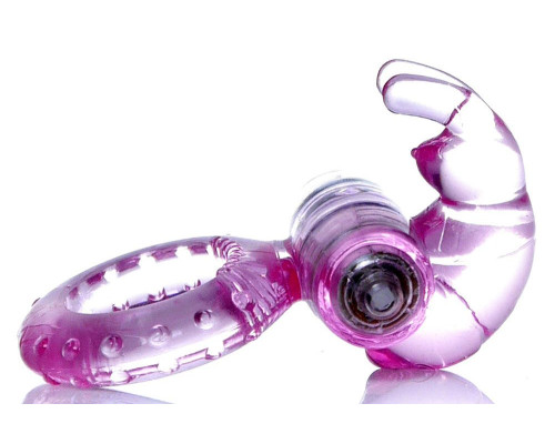 Розовое эрекционное виброкольцо с клиторальным зайчиком