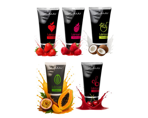 Набор из 5 съедобных лубрикантов JUJU (клубника, малина, тропические фрукты, вишня, кокос)