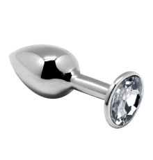 Серебристая анальная втулка с прозрачным кристаллом Mini Metal Butt Plug Size L - 9 см.