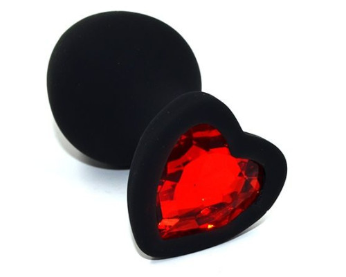 Черная анальная силиконовая пробка с красным кристаллом в форме сердца - 8,8 см.