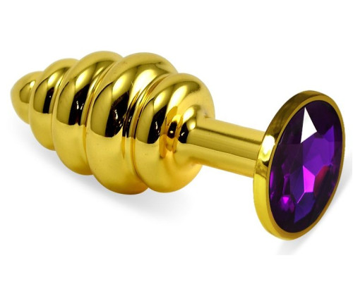 Золотистая ребристая анальная пробка с фиолетовым кристаллом - 7,5 см.