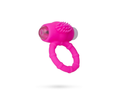 Розовое рельефное эрекционное виброкольцо на пенис