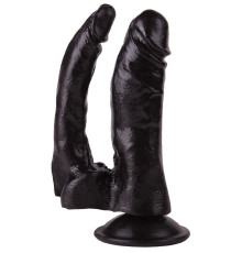 Двойной чёрный фаллоимитатор на присоске - 15 см.