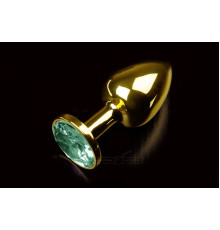 Маленькая золотистая анальная пробка с круглым кончиком и изумрудным кристаллом - 7 см.