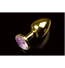Маленькая золотистая анальная пробка с круглым кончиком и розовым кристаллом - 7 см.