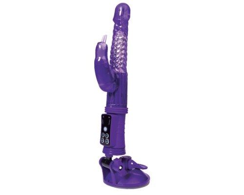 Фиолетовый вибратор с клиторальным стимулятором и крепкой присоской в основании