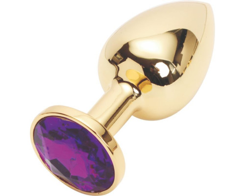 Золотистая анальная пробка с фиолетовым кристаллом размера M - 8 см.