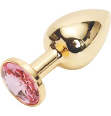 Золотистая анальная пробка с розовым кристаллом размера M - 8 см.