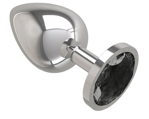 Серебристая большая анальная пробка с чёрным кристаллом - 9,5 см.