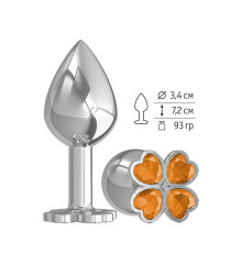 Средняя серебристая анальная втулка с клевером из оранжевых кристаллов - 8,5 см.