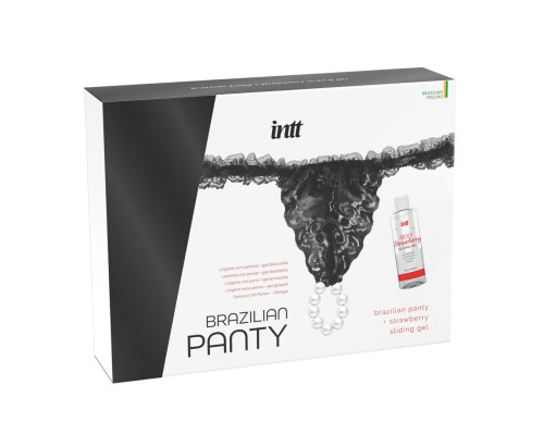 Набор Brazilian Panty: черные трусики со стимулирующими бусинами и массажный гель Sliding Gel Strawberry