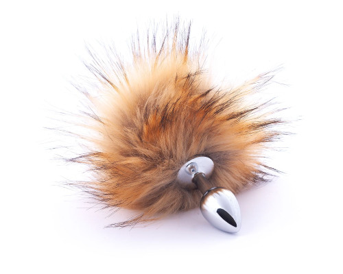 Серебристая анальная пробка с коричневым хвостиком