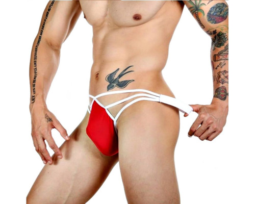Красные сексуальные трусы-стринги на тонких белых бретелях