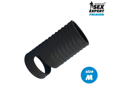 Черная открытая насадка на пенис с кольцом для мошонки size M - 7,9 см.