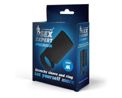 Черная открытая насадка на пенис с кольцом для мошонки size M - 7,9 см.