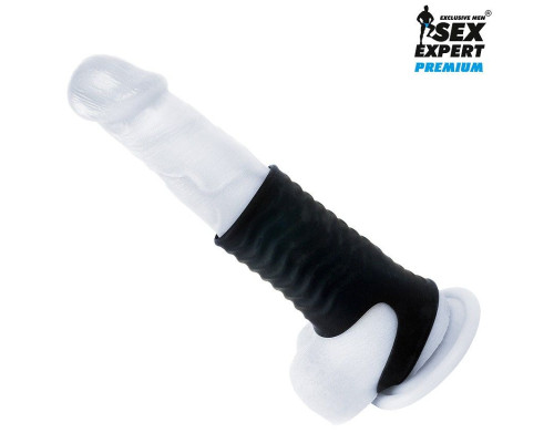 Черная открытая насадка на пенис с кольцом для мошонки size M - 7,9 см.