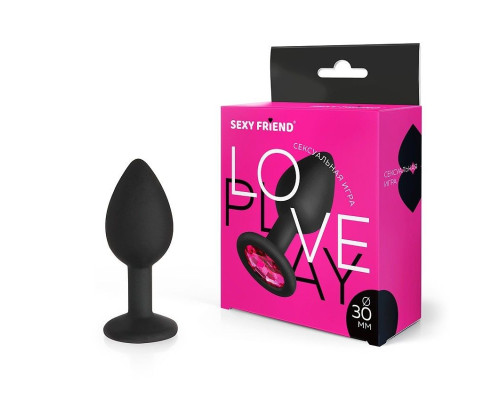 Черная силиконовая анальная втулка с малиновым кристаллом - 7,3 см.