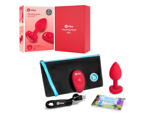 Красный анальный плаг с кристаллом-сердцем Vibrating Heart Shape Jewel Plug M-L