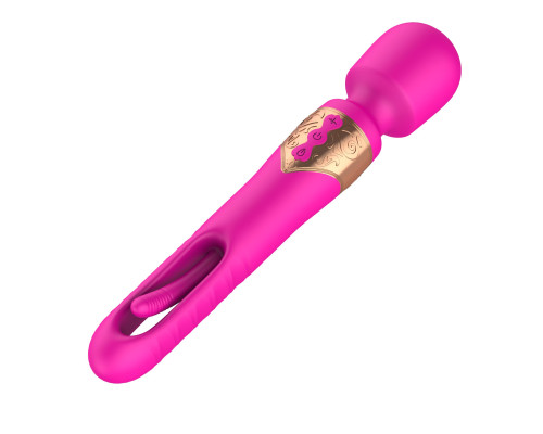 Розовый двусторонний wand-вибратор с функцией фингеринга - 26 см.