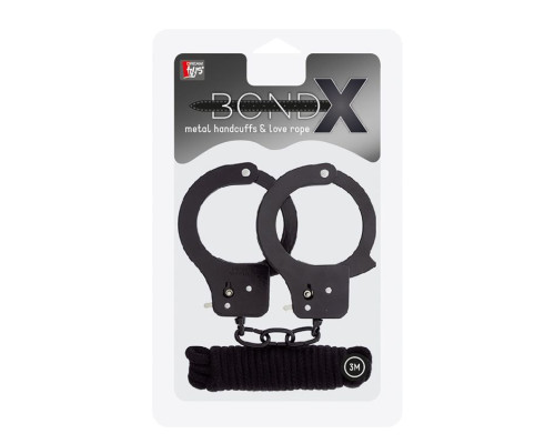 Чёрные наручники из листового металла в комплекте с веревкой BONDX METAL CUFFS LOVE ROPE SET