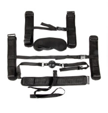 Пикантный черный текстильный набор БДСМ: наручники, оковы, ошейник с поводком, кляп, маска