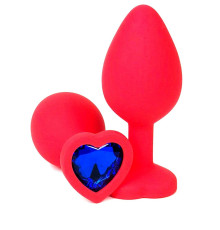 Красная силиконовая анальная пробка с синим стразом-сердцем - 8 см.