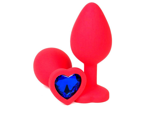 Красная силиконовая анальная пробка с синим стразом-сердцем - 8 см.