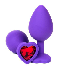 Фиолетовая силиконовая анальная пробка с красным стразом-сердцем - 10,5 см.