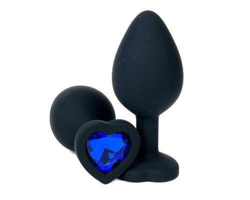 Черная силиконовая пробка с синим кристаллом-сердцем - 8,5 см.
