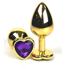 Золотистая анальная пробка с фиолетовым кристаллом-сердцем - 7 см.