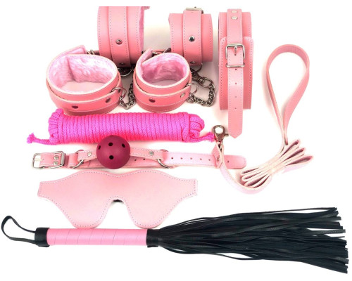 Набор БДСМ в розовом цвете: наручники, поножи, кляп, ошейник с поводком, маска, веревка, плеть