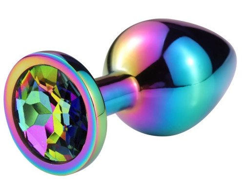 Разноцветная гладкая анальная пробка с радужным кристаллом - 7 см.