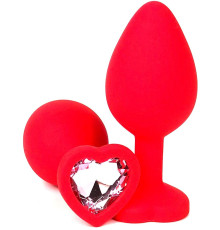 Красная силиконовая анальная пробка с нежно-розовым стразом-сердцем - 10,5 см.