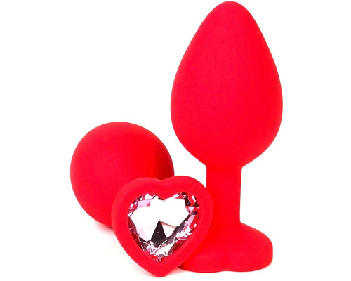 Красная силиконовая анальная пробка с нежно-розовым стразом-сердцем - 10,5 см.