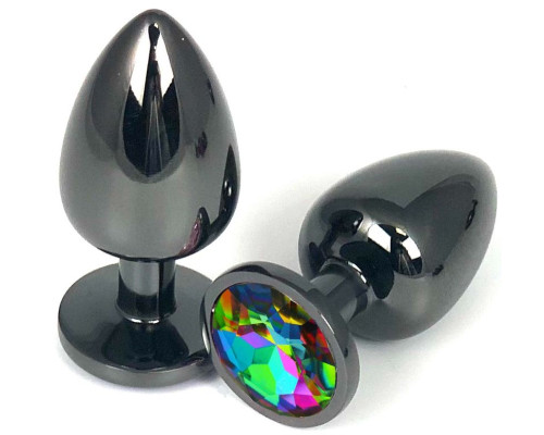 Черная металлическая анальная пробка с разноцветным стразом - 6,5 см.
