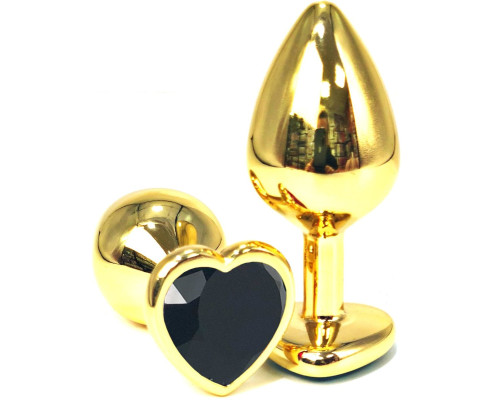 Золотистая анальная пробка с черным кристаллом-сердцем - 7 см.