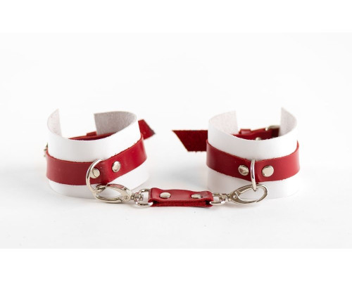 Бело-красные наручники из натуральной кожи