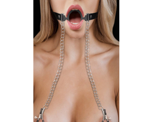 Черный кляп-кольцо с зажимами для сосков O-Ring Gag With Nipple Clamps