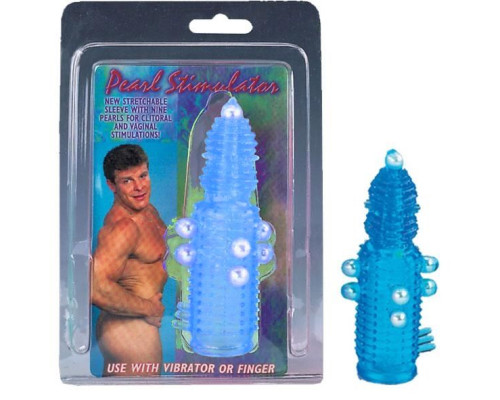 Голубая эластичная насадка на пенис с жемчужинами, точками и шипами Pearl Stimulator - 11,5 см.