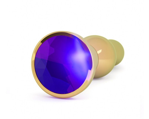 Золотистая анальная пробка с фиолетовым кристаллом - 14 см.