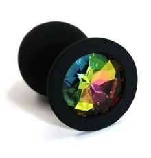 Чёрная силиконовая анальная пробка с радужным кристаллом - 7 см.