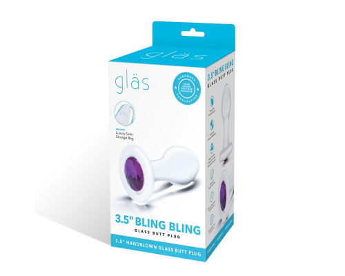 Стеклянная анальная пробка с фиолетовым стразом - 9 см.